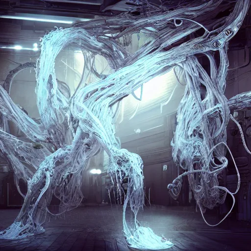 Prompt: a biomechanical ghost covered in fluid silk, veins nerves, tendons wires machines, highly detailed, backlit, dark atmosphere, octane render, unreal engine, photorealist, procedural light, grimy lab