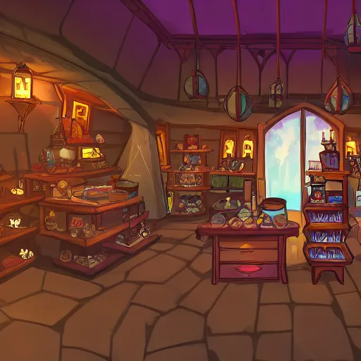 Image similar to inside a magical item shop, fantasy potion vendor interior, ufotable studio art style, wide angle, gothic interior