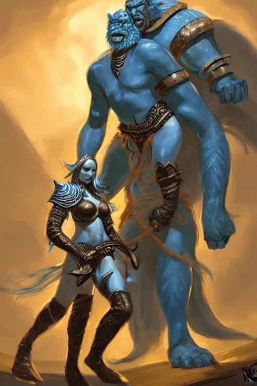 Image similar to a small blue-skinned triton girl wearing scale armor riding on a the shoulders of a large male goliath wearing fur and leather armor, dnd concept art, painting by keith parkinson