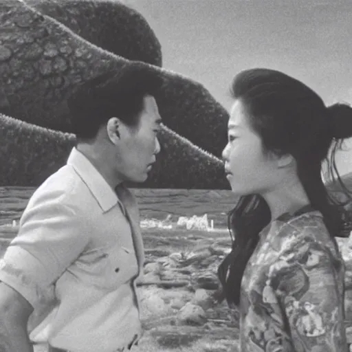 Prompt: a couple escaping from a giant Kaiju Starfish Monster over a traditional Korean village, minimal cinematography by Akira Kurosawa, movie filmstill, film noir, thriller by Kim Jong-il and Shin Sang-ok