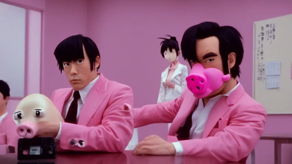 Prompt: a man wearing a pink suit and a pink pig mask sitting in an office, film still from the an anime directed by Katsuhiro Otomo with art direction by Salvador Dalí, wide lens