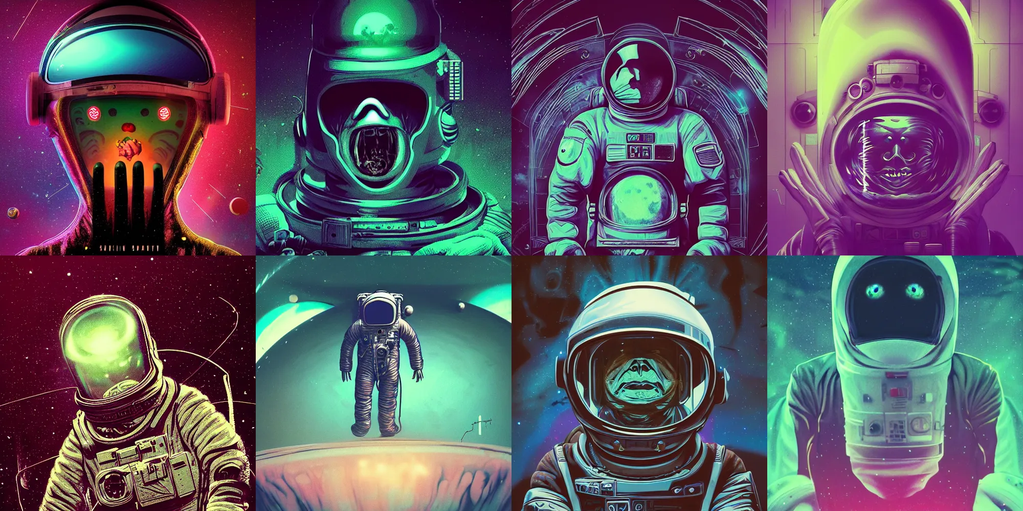 Image similar to scary astronaut, horror poster 9 0 s, cosmic horror, abstract, ghostly, arcade, duotone, poltergeist, lets get weird, intricate, elegant, highly detailed, smooth, sharp focus, unreal engine 5, raytracing, art by beeple and mike winkelmann, ultraviolet colors,
