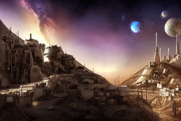 Prompt: favela spaceship cathedral bunker, desert environment, industrial factory, cliffs, bright, milky way, award winning art, epic dreamlike fantasy landscape, ultra realistic,