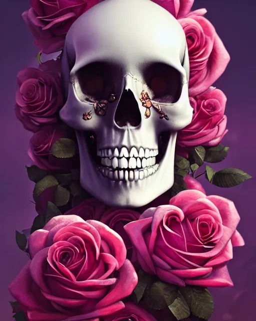 Image similar to portrait of a female skull with roses instead of eyes. roses, intricate abstract upper body intricate artwork, by tooth wu, wlop, beeple, dan mumford. concept art, octane render, deviantart, greg rutkowski, cinematic arthouse, key art, hyper realism, iridescent accents