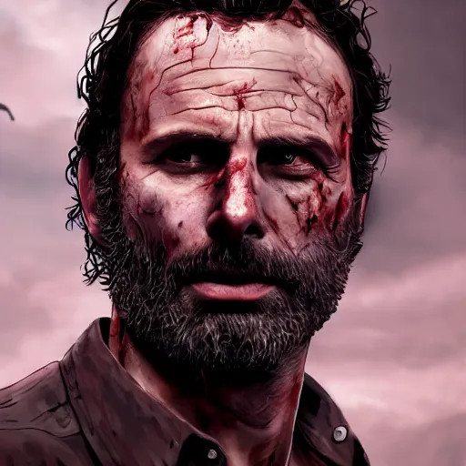 Image similar to rick grimes, the walking dead, zombiefied, head and shoulders shot, medieval, vivid colors, sharp focus, digital art, Hyper-realistic, 4K, Unreal Engine, Highly Detailed, HD, Dramatic Lighting by Brom, trending on Artstation