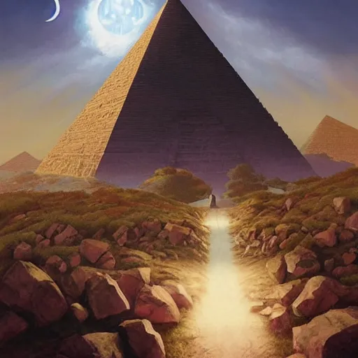 Image similar to path towards a pyramid with black snake in the sky ,by artgerm and Craig Mullins, James Jean, Andrey Ryabovichev, Mark Simonetti and Peter Morbacher 16k