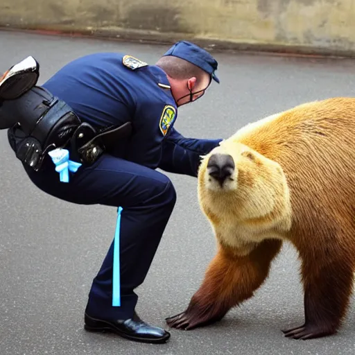 Image similar to capybara policeman arresting a bear