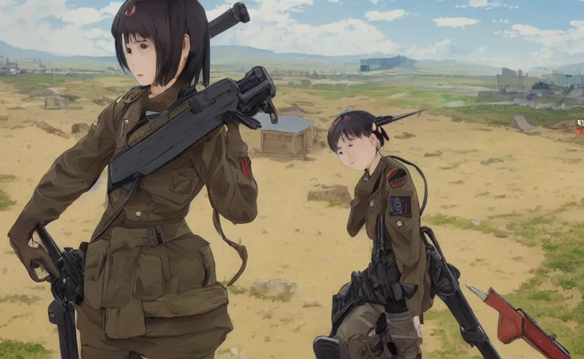 Prompt: panoramic view, girl, soldier clothing, battlefield in background, anime style, short hair, hair down, realistic anatomy, symmetrical facial features, from arknights, hyper realistic, 4 k, rule of thirds, extreme detail, detailed drawing, safebooru, realistic lighting, by alphonse mucha, greg rutkowski, sharp focus, backlit