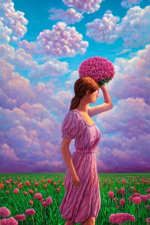 Image similar to closeup, giant carnation flower head, woman walking, surreal, clouds in sky, impressionist painting, digital painting, artstation, rob gonsalves