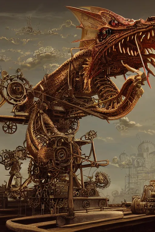 Prompt: illustration, old sick gold and crimsoned scaled asian style dragon on a steam punk plank of machinery with wires and gears and steam punk apparatus, matte painting, style of studio ghibli, concept art, featured in artstation and artgerm and pixiv, award winning, cinematic, 8 k