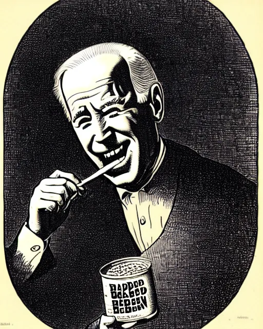 Image similar to illustration of joe biden eating a can of baked beans from the dictionarre infernal, etching by louis le breton, 1 8 6 9, 1 2 0 0 dpi scan
