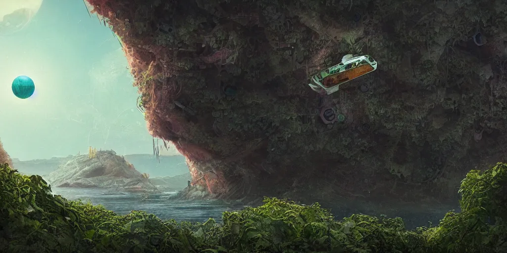 Image similar to a crashed, abandoned spaceship hanging partially over a cliff. The spaceship is covered in vines. Beneath the cliff is an alien lake. In the sky are two suns. Detailed digital matte painting in the style of simon stalenhag