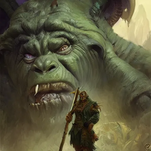 Prompt: a friendly orcish merchant, green skin and tusks, fantasy character portrait by greg rutkowski, gaston bussiere, craig mullins