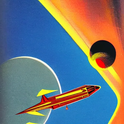 Prompt: vintage illustration of a spaceship entering earth's atmosphere, 1 9 7 0 s style, vibrant colors