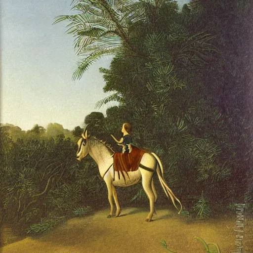 Prompt: Woman riding donkey in the jungle painting by Rousseau