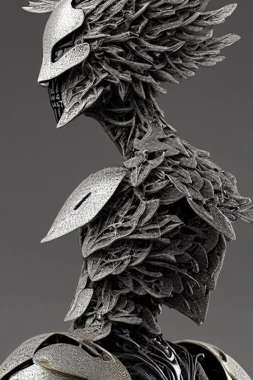 Prompt: monochrome close - up profile face, black background, beautiful young porcelain bio - mechanical vegetal - dragon - cyborg - female, white metallic armour, silver gold details, peacock feathers, roots, mandelbot fractal, 1 5 0 mm, beautiful natural soft rim light, elegant, hyper real, ultra detailed, octane render, 1 6 k