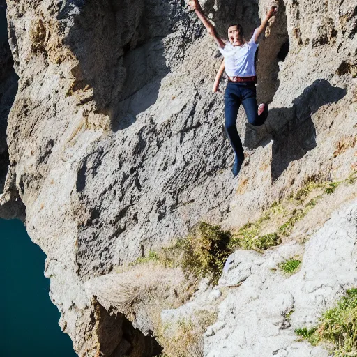 Image similar to Emmanuel Macron jumping of Normandy cliffs, 50mm photography, high quality, 4K