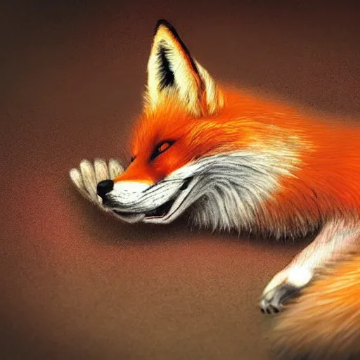 Prompt: anthropomorphic fox dying on the floor, blood, hyper realistic, detailed
