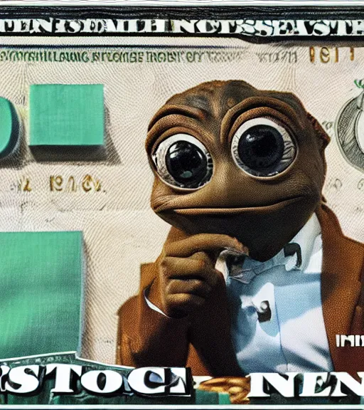 Image similar to pepe eating money, realistic, frame from the movie, in a suite