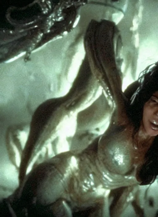 Prompt: movie still of kim kardashian looking up as she's being swallowed by an xenomorph, in the movie alien. goo, saliva, sweat, oily substances.