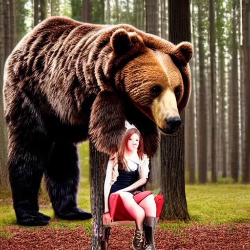 Image similar to realistic girl riding a bear in the wood