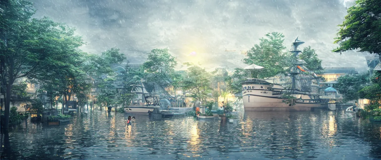 Image similar to cruising ship sailing at raining night at flooded miniature city, sun is on the rise on the town, cute style garden, octane render, trees, evergreen, patio, garden, wet atmosphere, tender, soft light misty yoshitaka amano, and artgerm