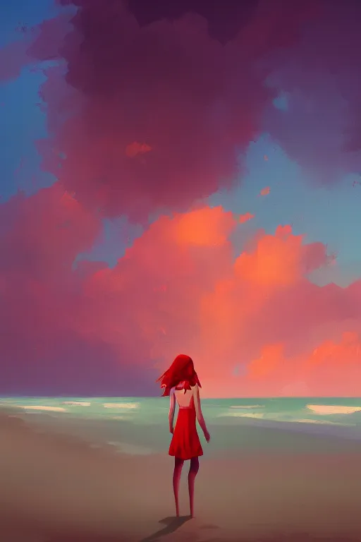 Image similar to a red haired young girl beach surreal, sunrise, dramatic light, impressionist painting, colorful clouds, digital painting, artstation, simon stalenhag