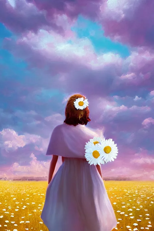 Image similar to giant white daisy flowers as head veil, girl walking in a flower field, surreal photography, sunrise, dramatic light, impressionist painting, colorful clouds, digital painting, artstation, simon stalenhag