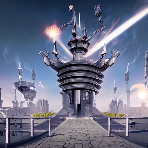 Image similar to photo of a futuristic metal castle with machine guns and rocket launchers on the walls
