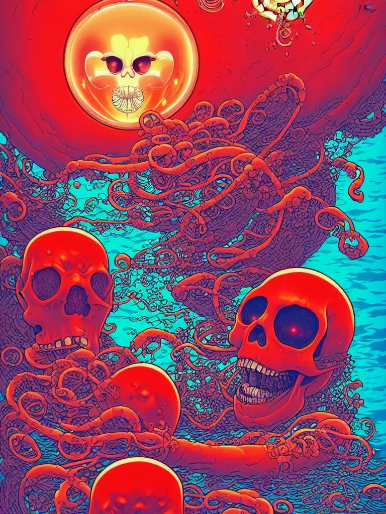 Image similar to a glowing red skull in the sea caught by a jellyfish by josan gonzalez and dan mumford and albrecht anker and miho hirano and ross tran and chiho aoshima, highly detailed, high contrast, pop art, comic shading