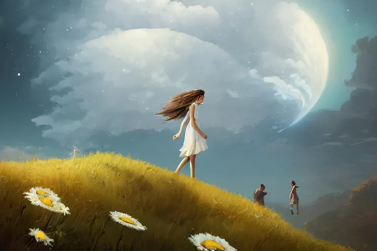 Image similar to giant white daisy flower over head, girl walking on cliff, surreal photography, solar eclipse, milky way, dramatic light, impressionist painting, clouds, digital painting, artstation, james gilleard, liam wong, jeremy mann, simon stalenhag