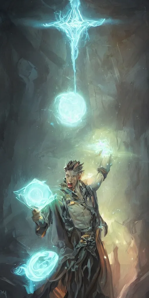 Image similar to 'a professional painting of a handsome young necromancer wizard casting an evil spell with a glowing spellbook, olive skin, buzzed short dark hair, beautiful bone structure, symmetrical facial features, intricate, elegant, digital painting, concept art, smooth, sharp focus, illustration, from Metal Gear, by Ruan Jia and Mandy Jurgens and Artgerm and William-Adolphe Bouguereau'