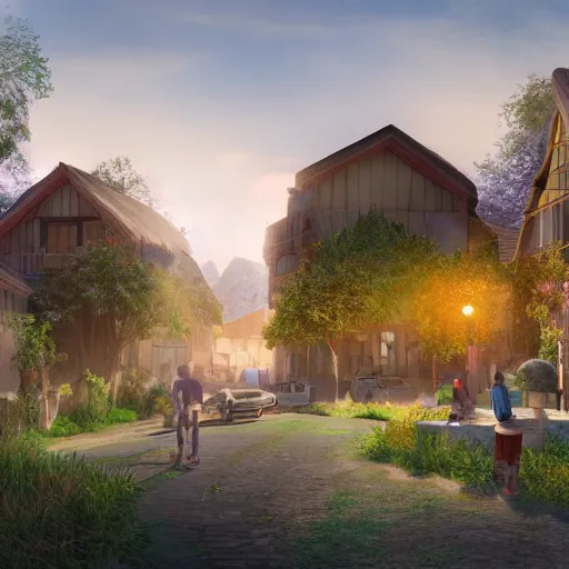 Image similar to a very realistic digital art rendering and concept design of a modern village, with magnificent volumetric lighting, three dimensions, a digitally transformed environment, ui design, 3d modeling, illustration, and transport design