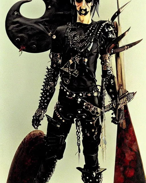 Image similar to portrait of an androgynous skinny punk goth sorcerer wearing armor by simon bisley, john blance, frank frazetta, fantasy
