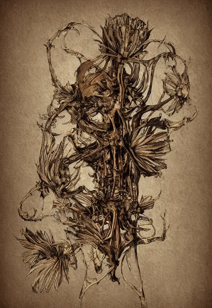 Image similar to a eeire flower skeleton, artistic, brown background, digital art.