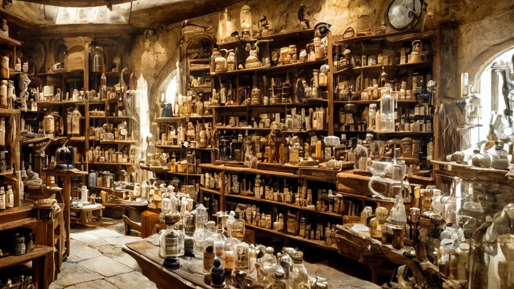 Image similar to 12th century apothecary shop, film still from the movie directed by Denis Villeneuve with art direction by Salvador Dalí, wide lens