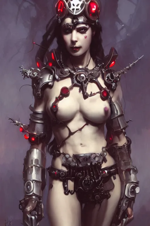 Image similar to Portrait of beautiful pale smiling cyborg goth anime maiden in bikini armor with crown of thorns and glowing red eyes, steampunc, Warhammer 40000, digital art from artstation by Ruan Jia and Mandy Jurgens and Artgerm and william-adolphe bouguereau