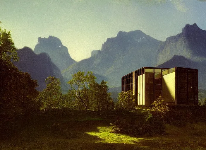 Prompt: painting of a mies van der rohe house in front of beautiful mountains by albert bierstadt