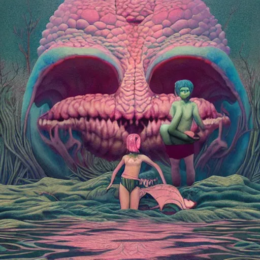 Prompt: monster coming out of a dark lagoon:: by Martine Johanna and Simon Stålenhag and Chie Yoshii and Casey Weldon and Guillermo del toro :: dynamic, particulate, pastel colors, intricate, elegant, highly detailed, centered, artstation, smooth, sharp focus, octane render, 3d