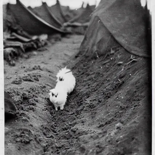 Image similar to a grainy black and white photograph of a guinea pig standing in a trench, ww1, the guinea pig is wearing a russian ww1 uniform