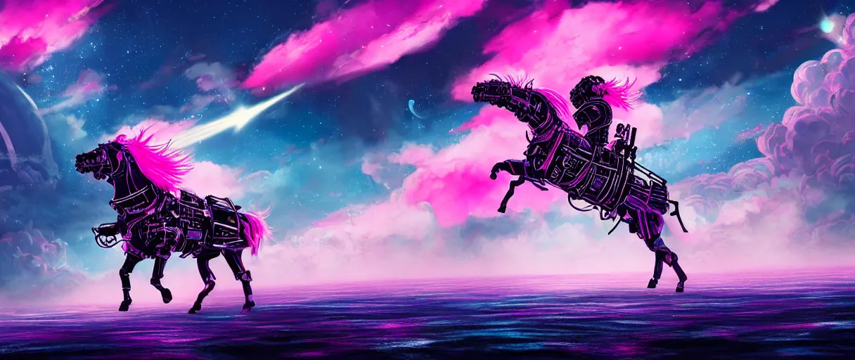 Prompt: space, a big horse - drawn, a mechanical horse with a pink mohawk drives a pirate spaceship, punk, hyperdetailed illustration, stars, pink, neon, oil painting, rich deep colors masterpiece, pirate neon ship, ultra detailed, contrast, heaven pink, clouds, volumetric light, atmospheric lighting, dramatic, cinematic, moody, octane render 4 k, 8 k