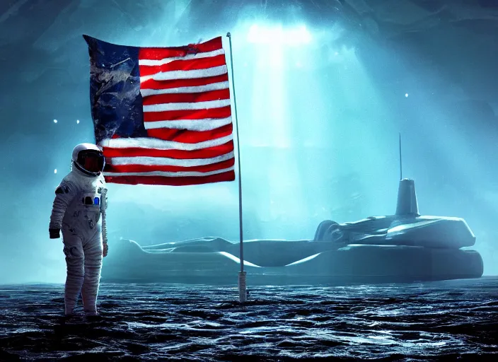 Image similar to astronaut holding a flag in an underwater desert. a submarine is visible in the distance. dark, concept art, cinematic, dramatic, atmospheric, 8 k, trending on artstation, blue, fish, low visibility, light rays, extremely coherent, bubbles, fog, ocean floor, christopher nolan, interstellar