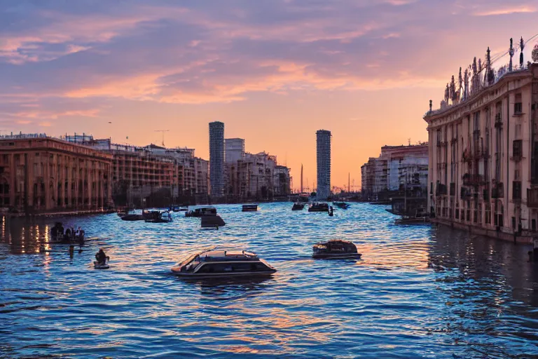 Image similar to views of people on boats on a catastrophic barcelona, buildings covered with high water, floating cars, sunset lighting, photo real