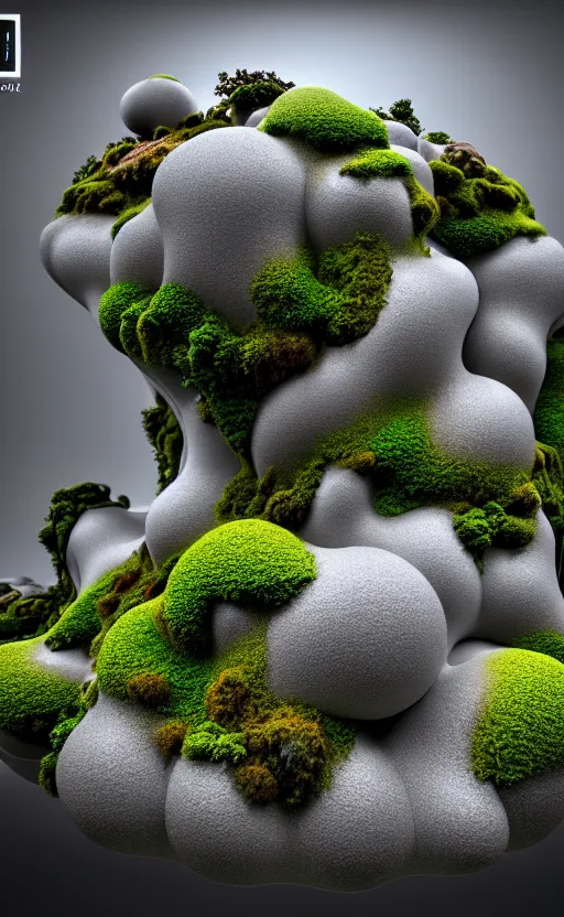 Image similar to highly detailed ultra sharp 3 d render cinematic composition of a smooth ceramic porcelain biomorphic magnolia stone nebula fluid fractal sci - fi surreal architecture landscape, granite, metallic, magnesium, marble, moss and lichen, vincent callebaut composition, mamou - mani, archviz, beautiful lighting, 8 k, unreal engine, hdr,