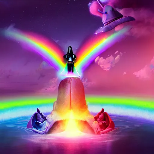 Image similar to beautiful matte painting, rainbow colored pink pink darth vader wearing pink wearing pink, riding a unicorn, riding a unicorn, riding a one-horned unicorn over a glittering rainbow, in psychedelic space, by lisa frank and dan mumford, octane render, HDR, vivid color, volumetric lighting, unreal engine, concept art, CGsociety, trending on artstation