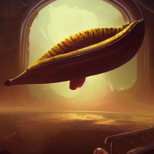 Image similar to a gigantic banana floating in space, illustration by tyler edlin and greg rutkowski, detailed, sharp, masterpiece, highly detailed, photorealistic, octane render, 8 k, unreal engine 5, trending on artstation