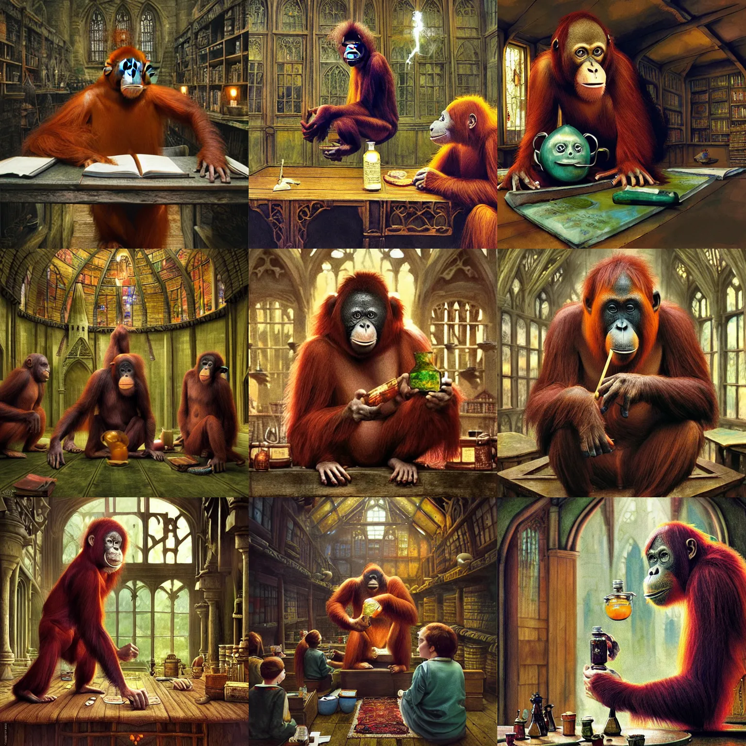 Prompt: Orangutan at a potion class in Hogwarts, School of Witchcraft and Wizardry, detailed, hyperrealistic, colorful, cinematic lighting, digital art by Paul Kidby and Jim Kay