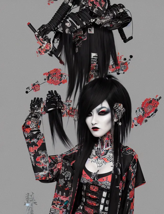 Image similar to full body portrait of a gothic style punk geisha robot with kanji tattoos and decals wearing a digital pixelated kimono, intricate design, photo - realistic, octane render, dark colour palette, ultra fine detailed, character design, trending on artstation