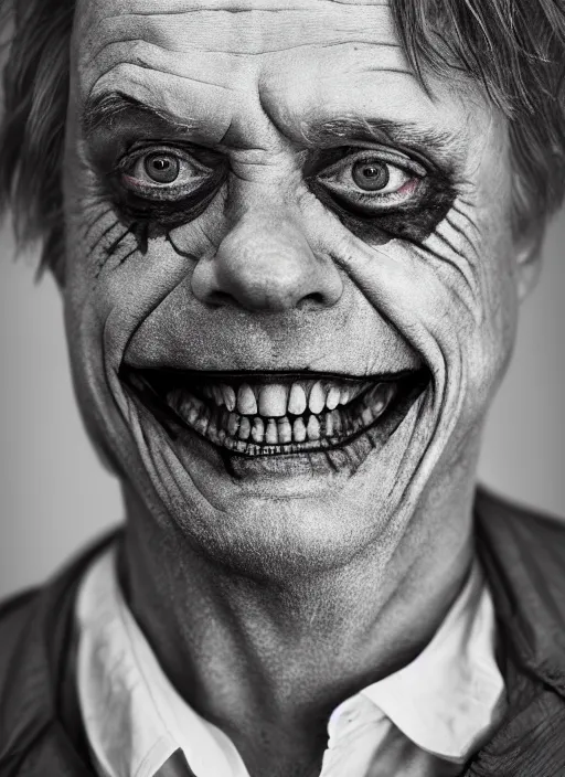 Image similar to photo of Mark Hamill as the Joker by Lee Jeffries, big smile, detailed, award winning, Sony a7R