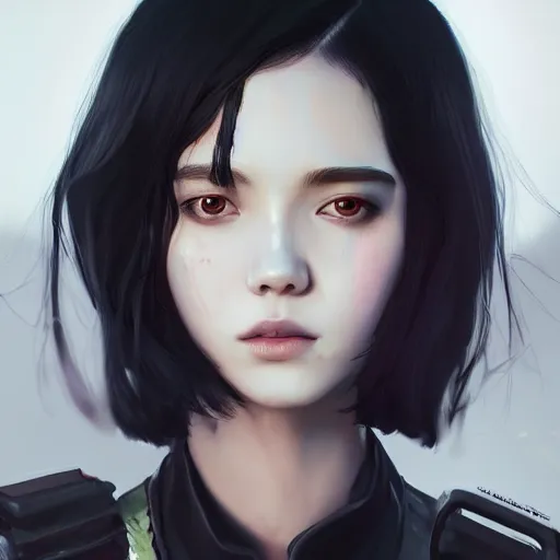 Image similar to a pale skinny white young girl, black hair, the hime cut, 1 8, k - pop fashion, apex legends character, digital illustration portrait design, by android jones and greg rutkowski, retrowave color scheme, detailed, cinematic lighting, wide angle action dynamic portrait